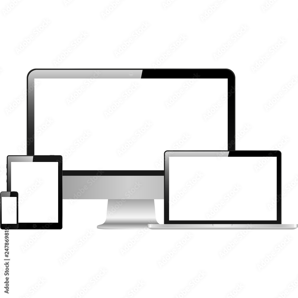 Set of realistic computer monitor, laptop, tablet and mobile phone. Isolated on white background vector illustration Set of realistic computer monitor, laptop, tablet and mobile phone. Isolated on white background vector illustration