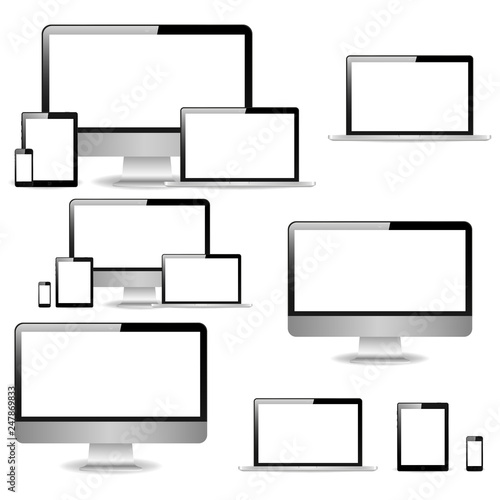 Vector illustration electronic gadgets isolated on white background. Set of realistic computer monitors, laptops, tablets and phones