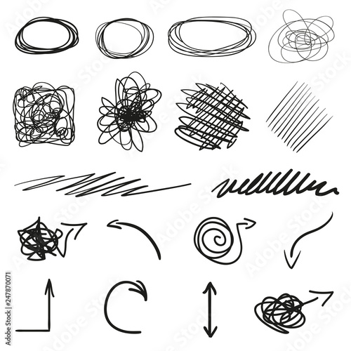 Infographic elements on isolated white background. Hand drawn tangled geometric shapes and arrows. Line art. Set of different pointers. Abstract indicators. Black and white illustration