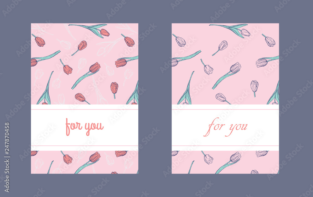 Flat vertical packaging or postcard design template with hand drawn tulips. Ink sketch of  spring flowers. Packaging design in pale tender colors.