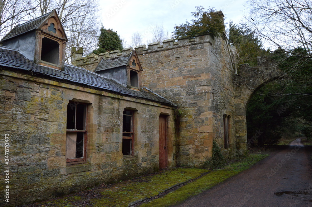 Ruined buildings at the entrance to the striking ruins of Crawford Priory, Springfield, Cupar, Fife, extended in early 19th century. Ruined buildings at the entrance to the striking ruins of Crawford Priory, Springfield, Cupar, Fife, extended in early 19th century.