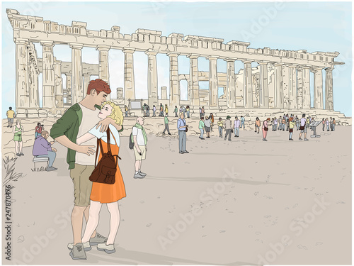Hand drawn illustration. A beautiful couple embraces while enjoying a romantic vacation in Athens, Greece, at the ancient Acropolis, with the iconic Parthenon in the background.