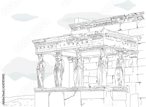 Hand drawn illustration, The beautiful Caryatid Porch with sculpture pillars as part of the ancient Erechtheion temple in the Acropolis in Athens, Greece. Classical architecture.
