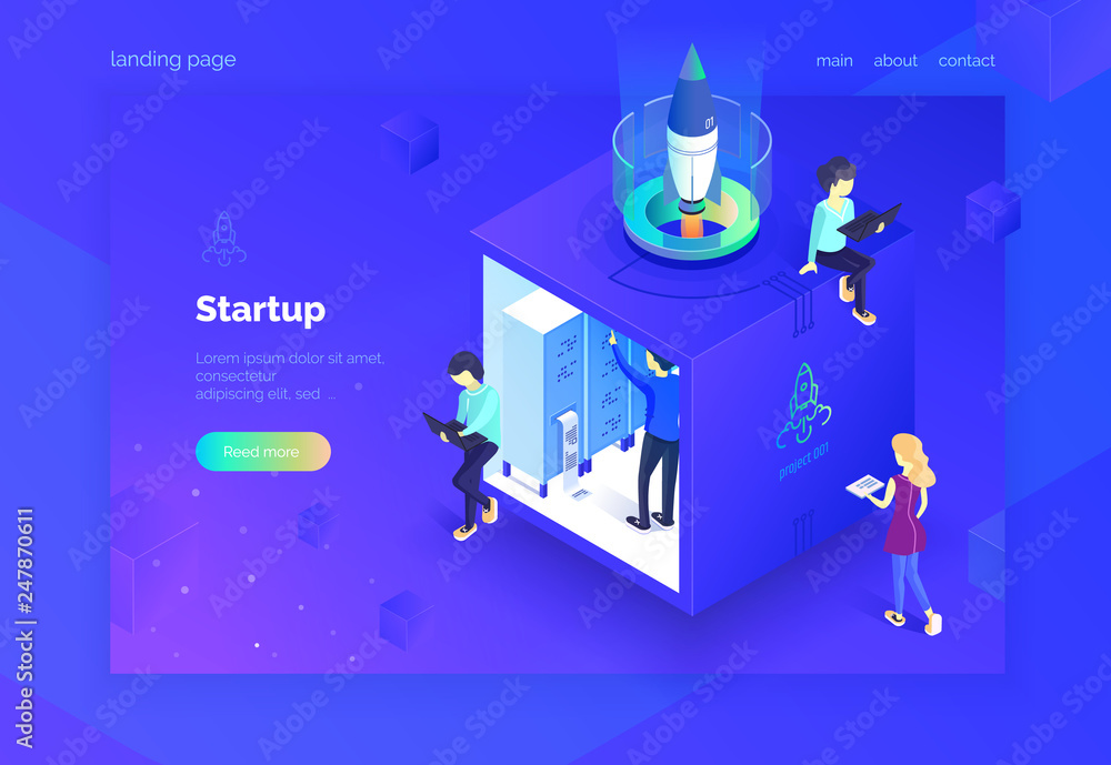Startup A group of people working on the launch of a new project. Teamwork. A group of people in the work process. Landing page. Vector illustration of an isometric style on an ultraviolet background. Startup A group of people working on the launch of a new project. Teamwork. A group of people in the work process. Landing page. Vector illustration of an isometric style on an ultraviolet background.