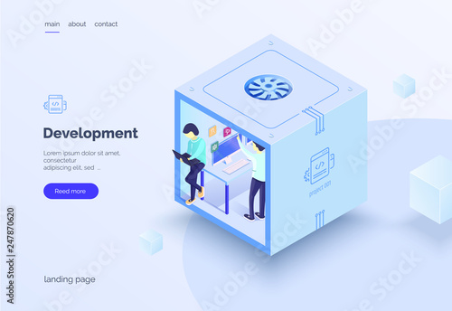Web application development. Teamwork. A group of people in the work process. Landing page. Vector illustration isometric style on a white background. Isolated