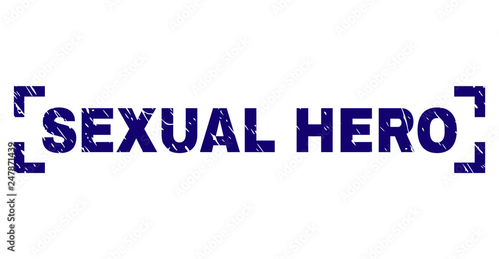 SEXUAL HERO text seal print with grunge texture. Text tag is placed inside corners. Blue vector rubber print of SEXUAL HERO with dust texture.