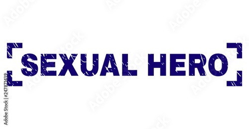 SEXUAL HERO text seal print with grunge texture. Text tag is placed inside corners. Blue vector rubber print of SEXUAL HERO with dust texture.