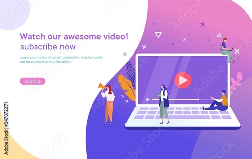 people streaming online video with their laptop, smartphone vector illustration concept, online tutorial video streaming can use for, landing page, template, ui, web, mobile app, poster, banner, flyer