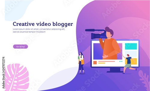 creative vlog content vector illustration concept, people recording content video for their channel, video marketing, can use for, landing page, template, ui, web, mobile app, poster, banner, flyer photo