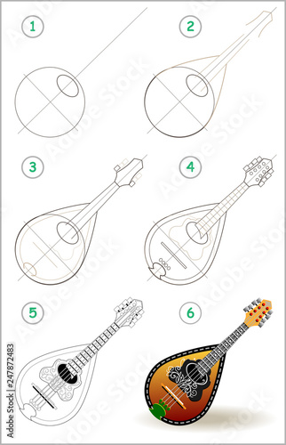 Page shows how to learn step by step to draw stringed musical instrument mandolin. Developing children skills for drawing and coloring. Back to school. Printable worksheet. Vector cartoon image.