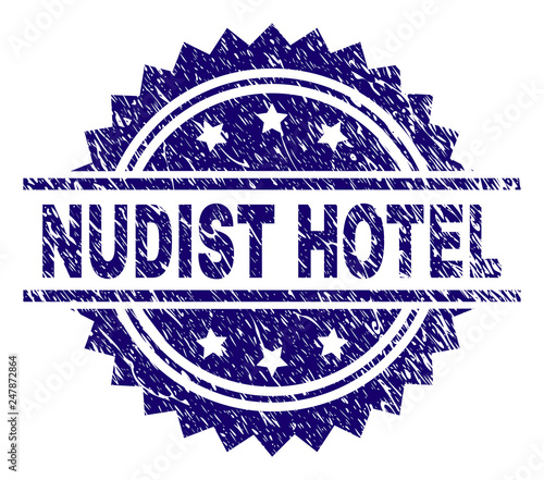 NUDIST HOTEL stamp seal watermark with distress style. Blue vector rubber print of NUDIST HOTEL label with unclean texture.