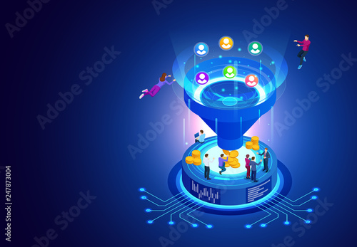 Isometric online funnel generation sales, customer generation, digital marketing and e-business technology concept. Landing page template for web. Internet marketing vector illustration