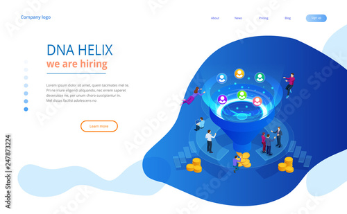 Isometric online funnel generation sales, customer generation, digital marketing and e-business technology concept. Landing page template for web. Internet marketing vector illustration