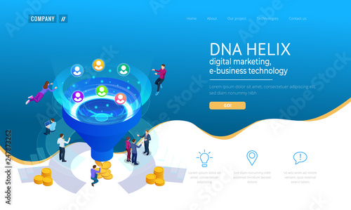 Isometric online funnel generation sales, customer generation, digital marketing and e-business technology concept. Landing page template for web. Internet marketing vector illustration