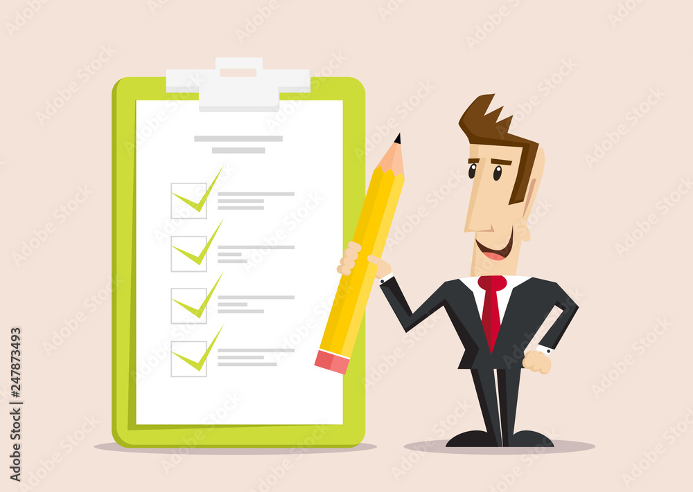 Happy Businessman holding pencil at big complete checklist with tick marks. Business organization and achievements of goals Check list with tick mark, businessman with questionnaire Happy Businessman holding pencil at big complete checklist with tick marks. Business organization and achievements of goals Check list with tick mark, businessman with questionnaire