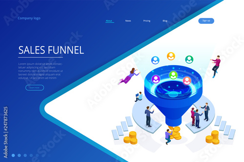 Isometric online funnel generation sales, customer generation, digital marketing and e-business technology concept. Landing page template for web. Internet marketing vector illustration