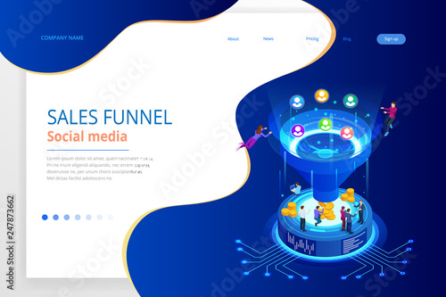 Isometric online funnel generation sales, customer generation, digital marketing and e-business technology concept. Landing page template for web. Internet marketing vector illustration