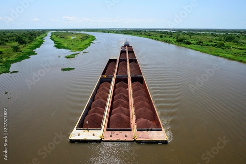 Pusher with iron ore cargo, Rio Paraguay, Concepcion, Paraguay, South America