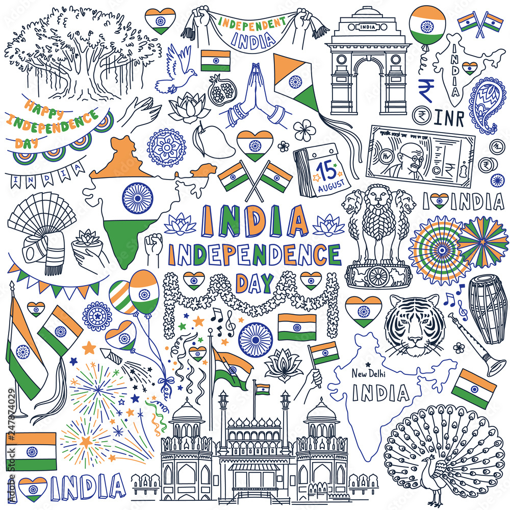 Independence Day of Republic of India doodle set. Traditional national