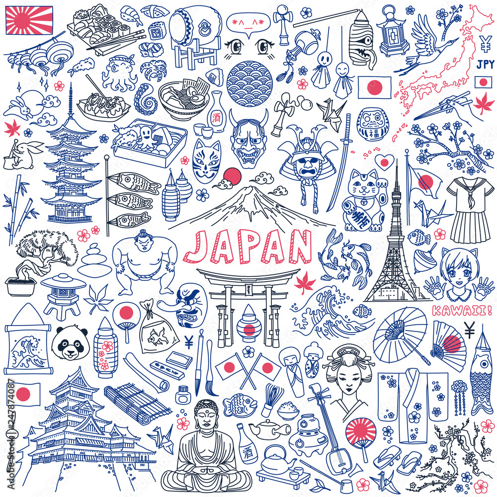 Fototapeta premium Zestaw doodle tradycyjnych symboli Japonii, żywności i zabytków. Ręcznie rysowane ilustracji wektorowych na białym tle. Japońskie znaki na butelce tłumaczenie: sake.