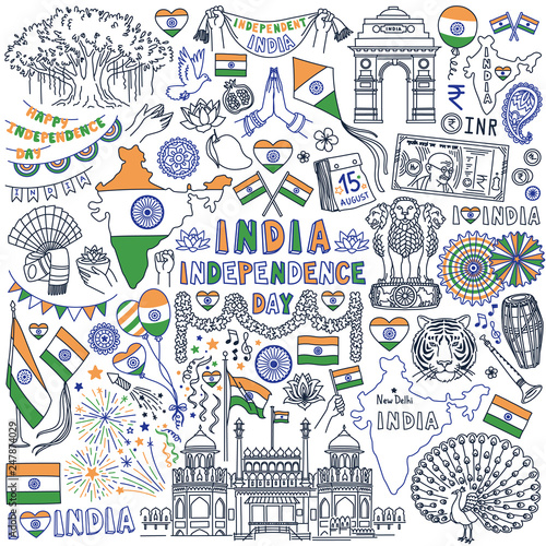 Independence Day of Republic of India doodle set. Traditional national symbols of Indian culture, flags and map. Hand drawn vector illustration isolated on white background. 