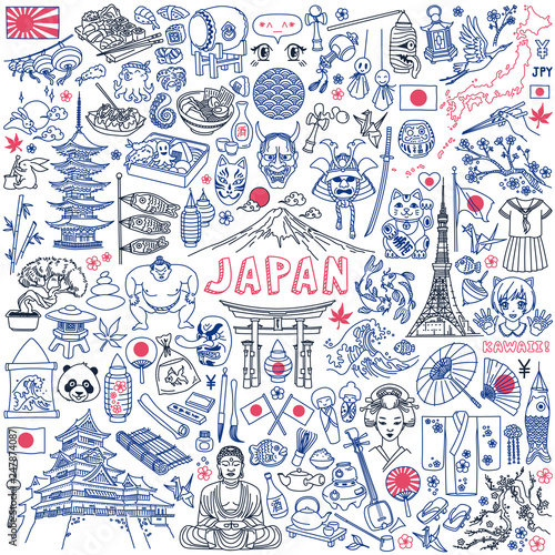 Japan traditional symbols, food and landmarks doodle set. Hand drawn vector illustration isolated on white background. Japanese characters on bottle translation: sake.