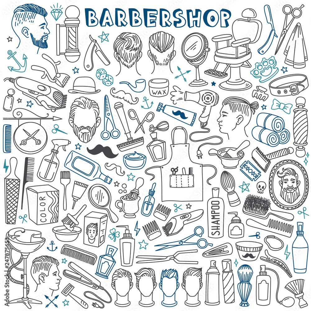 Barbershop doodles set. Hairdressing salon tools for male hair styling and popular men's haircuts. Freehand vector drawing isolated on white background. Barbershop doodles set. Hairdressing salon tools for male hair styling and popular men's haircuts. Freehand vector drawing isolated on white background.