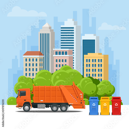 Garbage truck or Recycle truck in city. Garbage recycling and utilization equipment. City waste recycling concept with garbage truck. Vector illustration