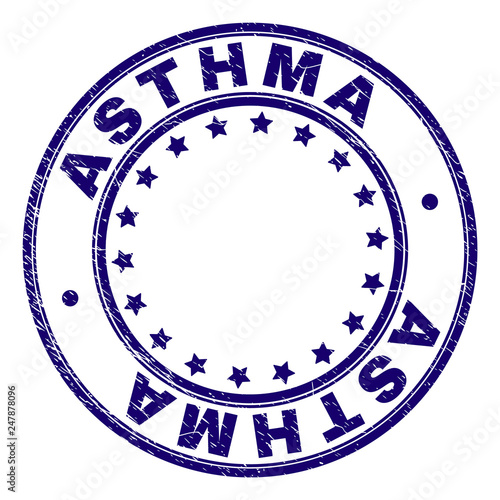ASTHMA stamp seal imprint with grunge texture. Designed with circles and stars. Blue vector rubber print of ASTHMA tag with dirty texture.