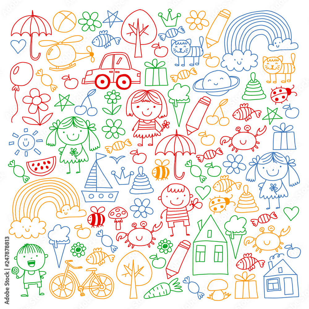Kindergarten pattern with cute children and toys. Kids drawing style illustration Kindergarten pattern with cute children and toys. Kids drawing style illustration