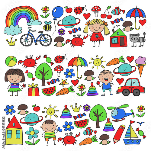Kindergarten pattern with cute children and toys. Kids drawing style illustration