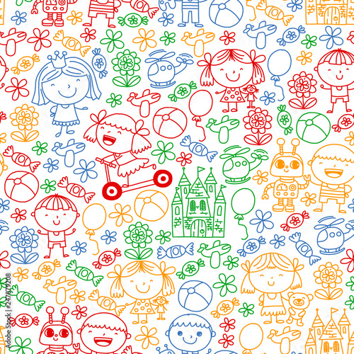 Children with toys. Colorful pattern for kindergarten posters.