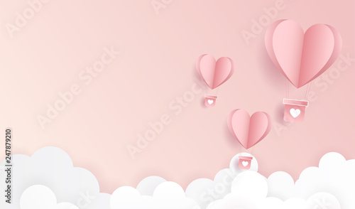 Happy valentine day. Origami made hot air balloon flying on pastel pink background for copy space. minimal concept. Vector Illustration