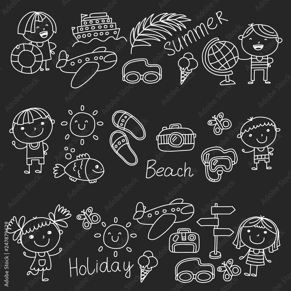 Vector pattern with children icons. Summer vacation at seashore, sea, ocean, beach. Small kids having fun. Vector pattern with children icons. Summer vacation at seashore, sea, ocean, beach. Small kids having fun.
