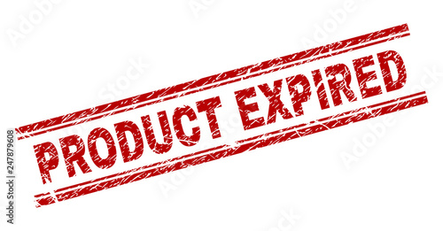 PRODUCT EXPIRED seal print with grunge style. Red vector rubber print of PRODUCT EXPIRED text with scratched texture. Text tag is placed between double parallel lines.