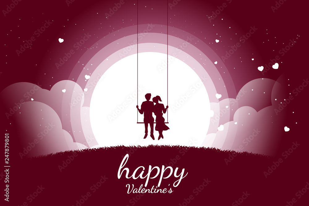 Lover couple sitting together on swing in romantic scene with flying heart  background. valentine's day and love and anniversary theme. Stock Vector |  Adobe Stock