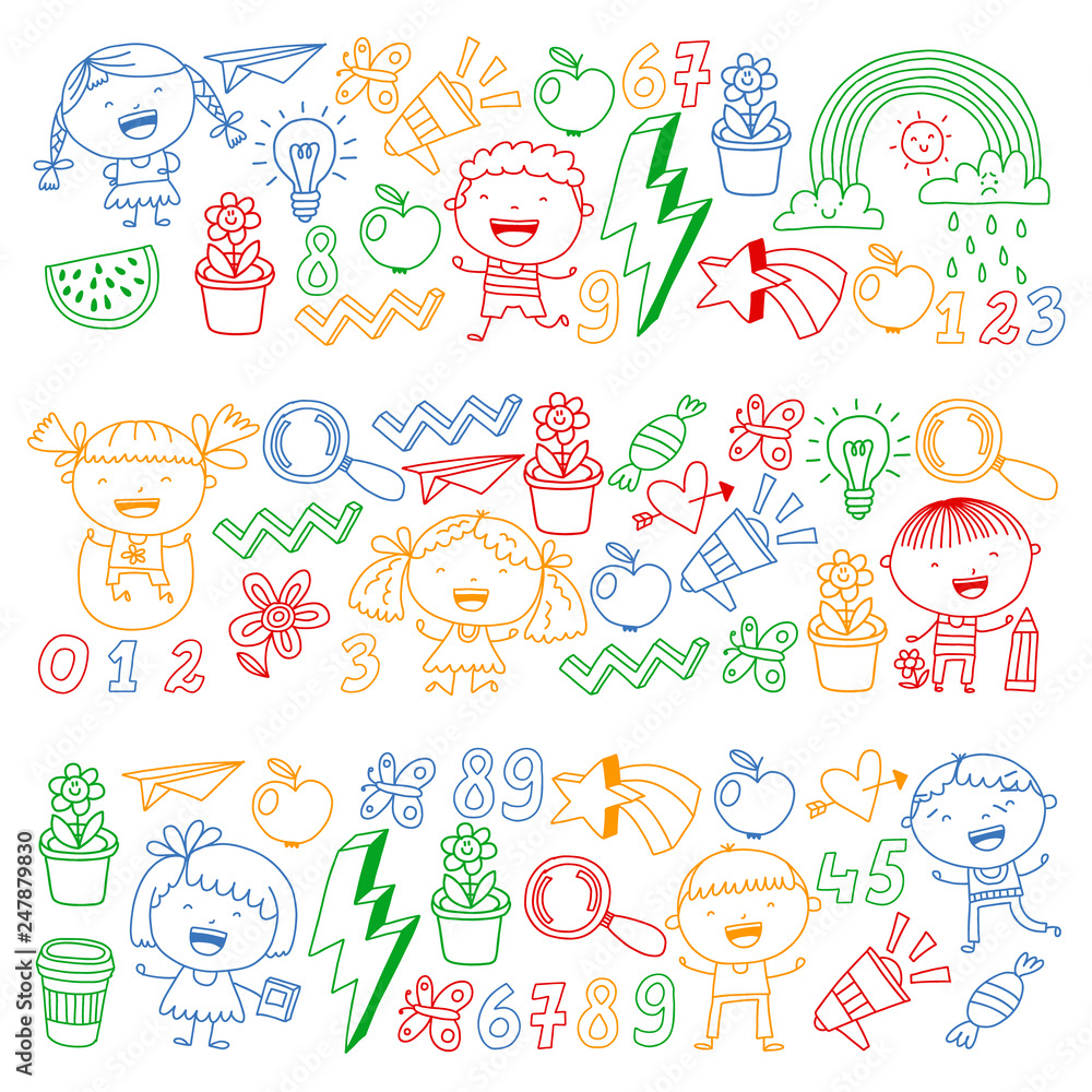 Vector pattern with kindergarten, school children. Happy children illustration.