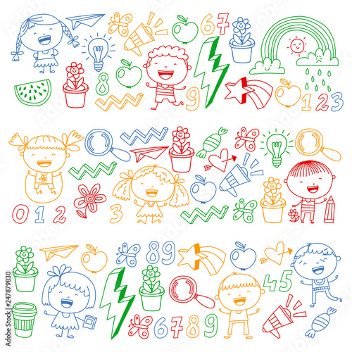 Vector pattern with kindergarten  school children. Happy children illustration.