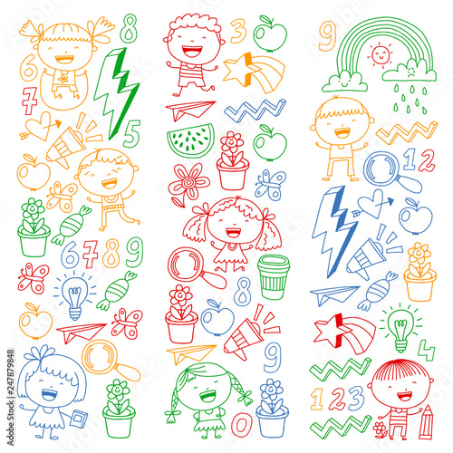 Vector pattern with kindergarten, school children. Happy children illustration.