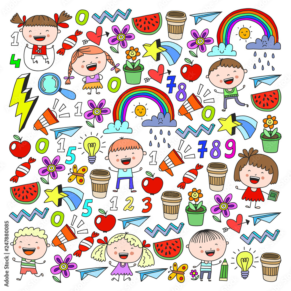 Vector pattern with kindergarten, school children. Happy children illustration. Vector pattern with kindergarten, school children. Happy children illustration.