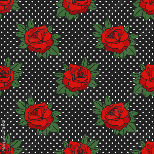 Rockabilly roses & polka dots seamless pattern