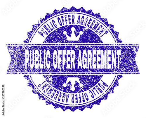 PUBLIC OFFER AGREEMENT rosette seal watermark with grunge style. Designed with round rosette, ribbon and small crowns. Blue vector rubber watermark of PUBLIC OFFER AGREEMENT tag with dust style.