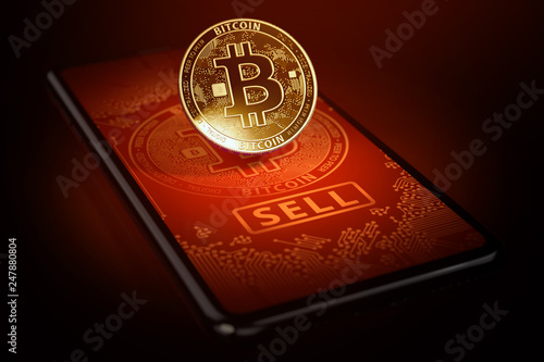 Golden bitcoin standing on a screen with big SELL button. Bitcoin sell in panic concept. 3D rendering