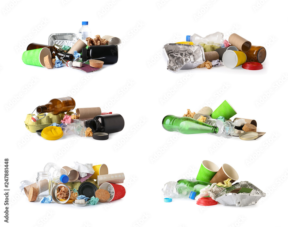 Set of piles with different garbage on white background. Trash recycling