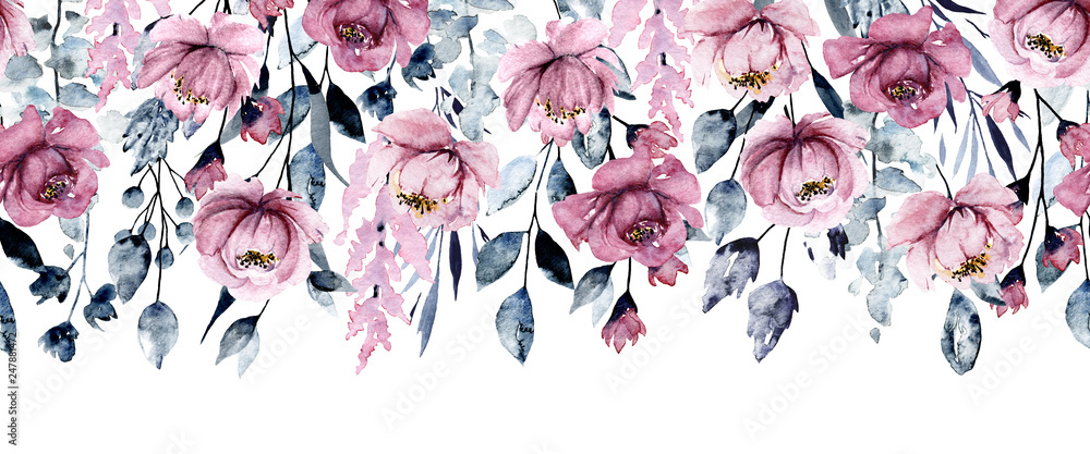 Repeating banner with watercolor pink flowers, botanical hand painting, isolated on white background.  - obrazy, fototapety, plakaty 