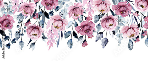 Fototapeta Powtarzalny sztandar z akwarela różowymi kwiatami, botaniczny ręka obraz, odizolowywający na białym tle.