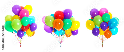 Set of bunches with colorful air balloons on white background