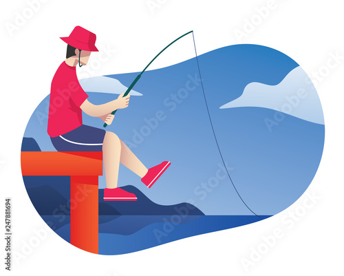 Man sitting on a dock fishing with rod