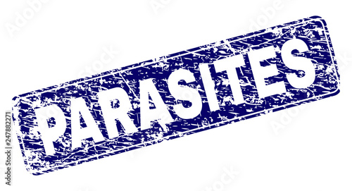 PARASITES stamp seal print with grunge texture. Seal shape is a rounded rectangle with frame. Blue vector rubber print of PARASITES title with grunge texture.
