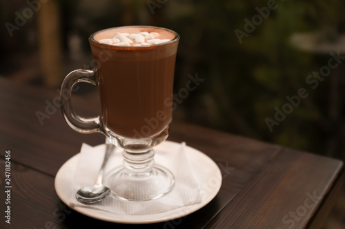 Cup of aromatic cacao on table against blurred background. Space for text